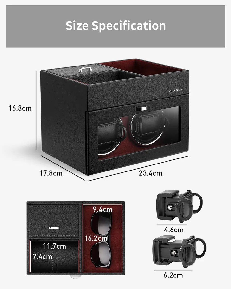 Vlando Vitrina Automática para 2 Relojes, Caja Giratoria de Cuero con Almacenamiento de Joyas, Motor Silencioso Japonés, Iluminación LED, Adaptador de Corriente Alterna, Caja de Movimiento de Relojes