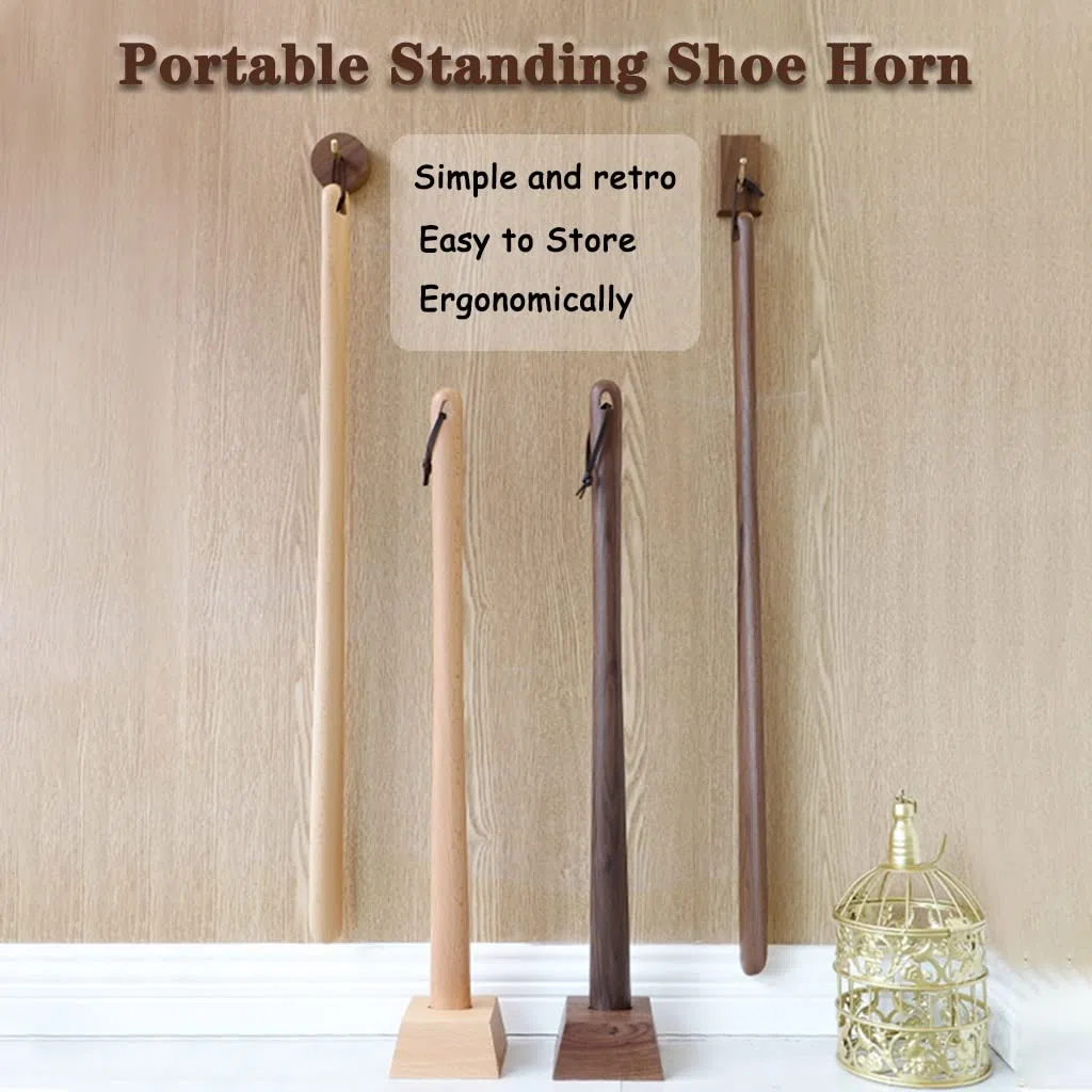 Calzador largo de madera de haya para zapatos, calzador duradero de nogal negro con base estable para un uso y extracción sin esfuerzo, varios