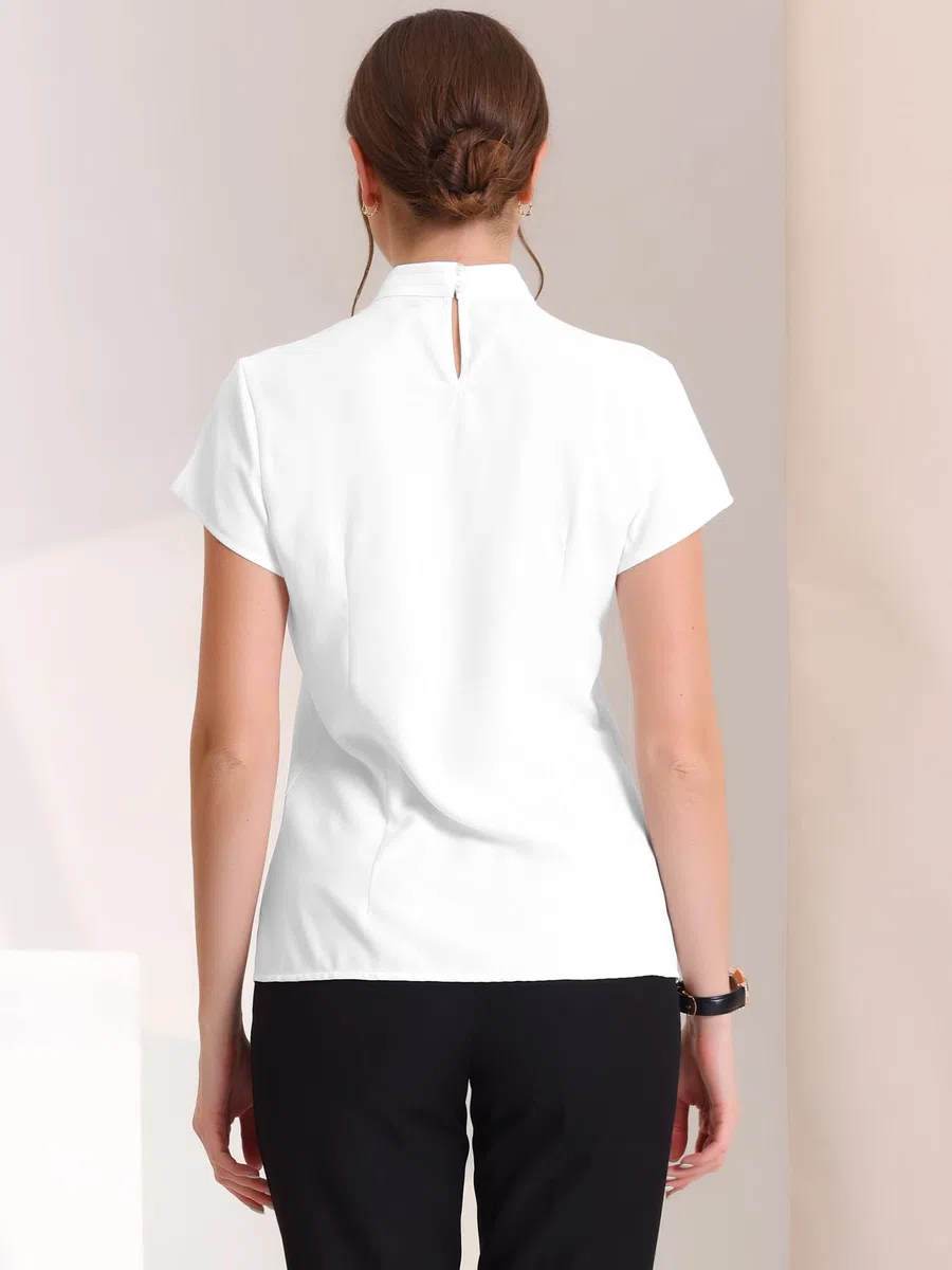 Allegra K Blusa de trabajo para mujer, cuello alto, manga casquillo, abertura en la espalda, elegante blusa de negocios
