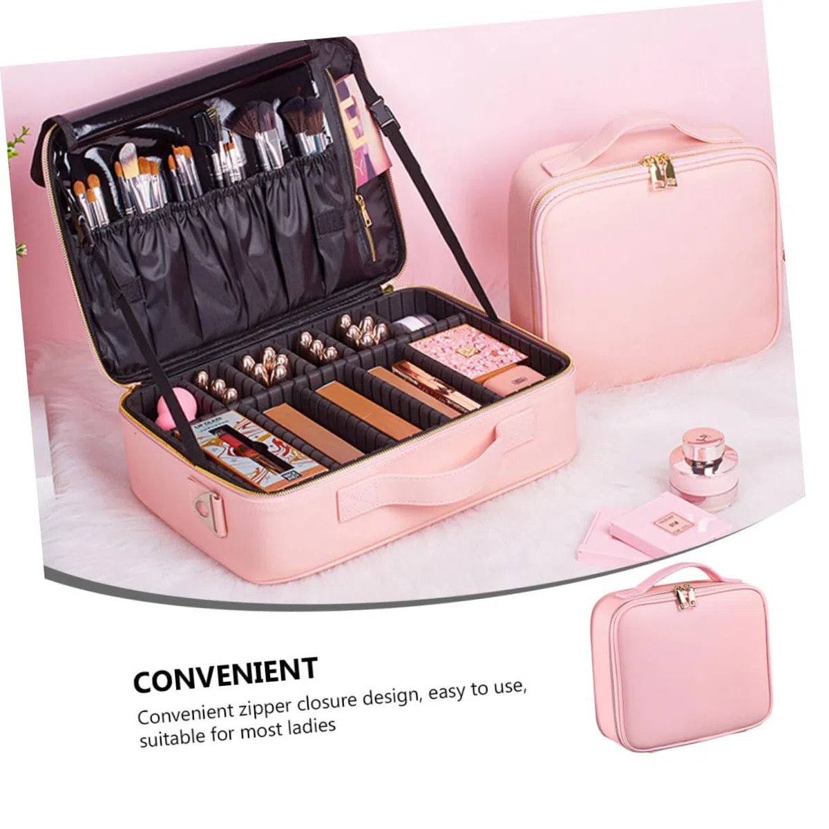 Baluue Neceser de Maquillaje Grande de PU Cuero Rosa con Compartimentos Ajustables y Divisores Removibles para Viaje y Trabajo Fácil de Usar