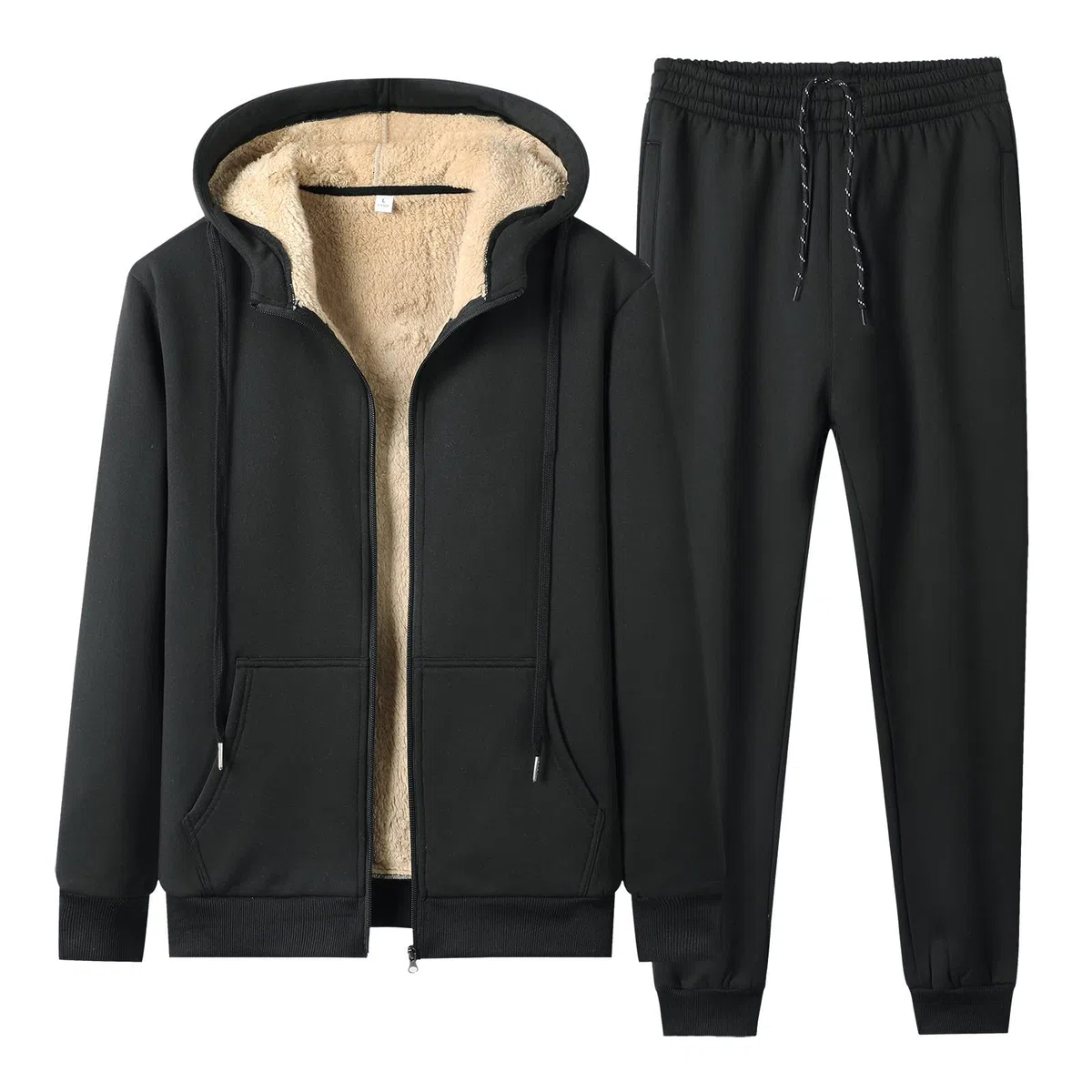 Genérico Hombre casual cálido felpa sólida dos piezas traje cremallera bolsillo sudaderas con capucha abrigo cordón pantalones conjunto