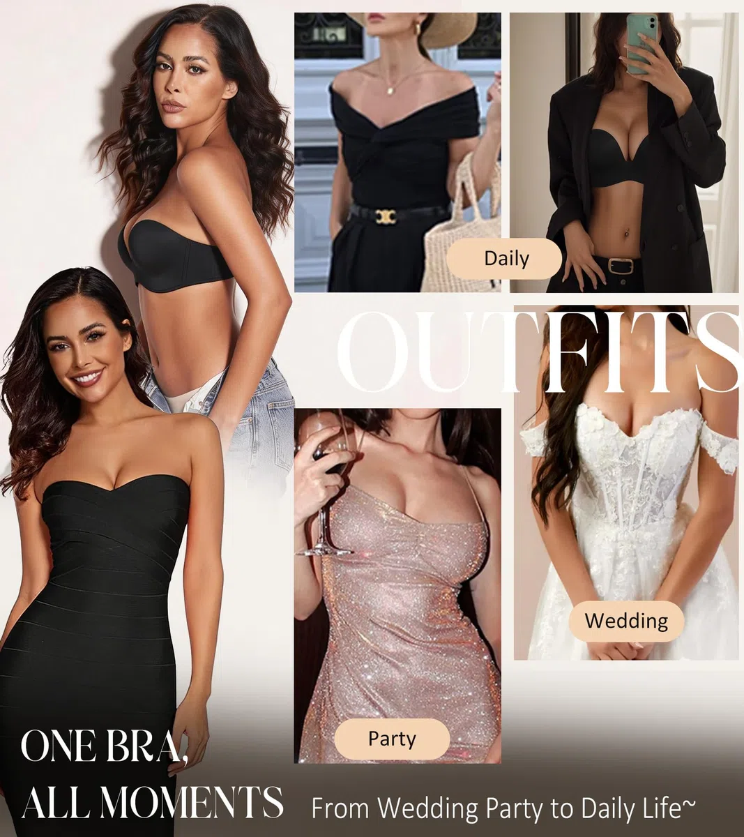 Lemorosy Brasier sin Tirantes para Mujer, sin Varillas, con Relleno, Antideslizante, Invisible, sin Tirantes, Negro -, 95C
