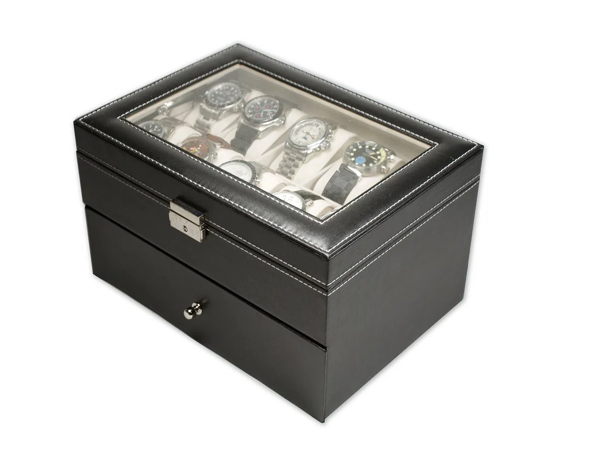 MR Maestro Relojero - Vitrina para Guardar 20 Relojes | Piel sintética e Interior Aterciopelado Beige | Ideal para Organización de Relojes, Muy Práctico, Estupendo para Regalo