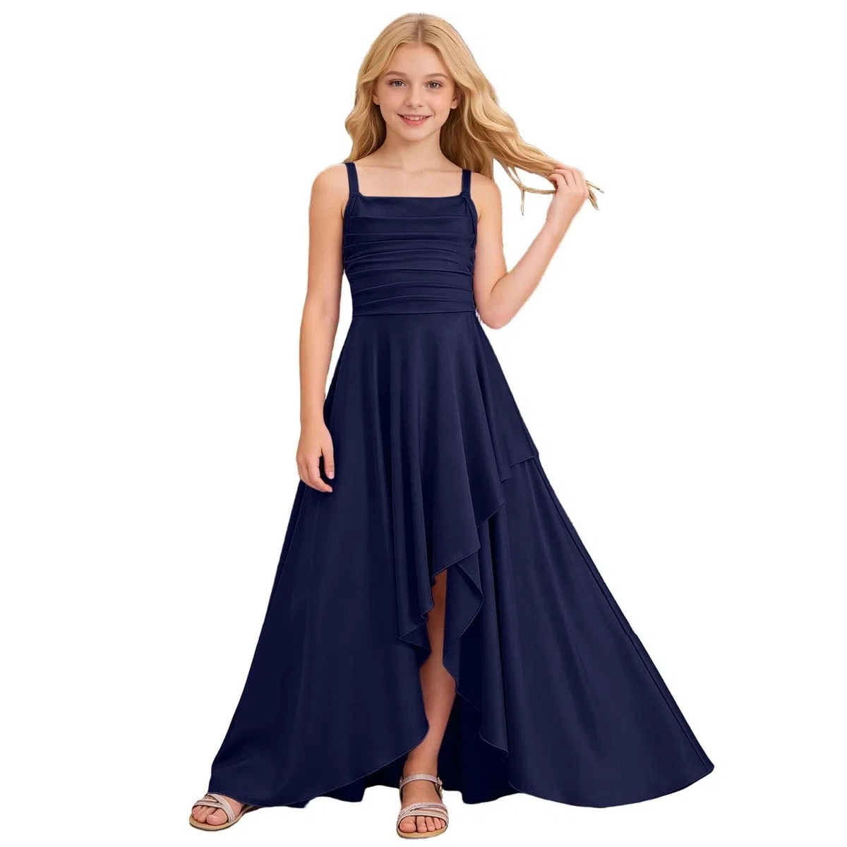 Vestido de Fiesta para niñas con Dobladillo Escalonado Volantes y diseño Cintura Arrugada sin Tirantes Punto piqué, cómodo Suave, Ideal cumpleaños, colección Casual/g