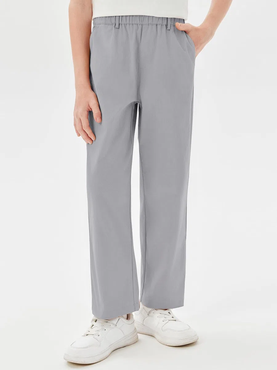 Haloumoning Pantalones de cintura elástica para niños, uniforme escolar, pantalones de sarga de algodón con bolsillos, 5-14 años