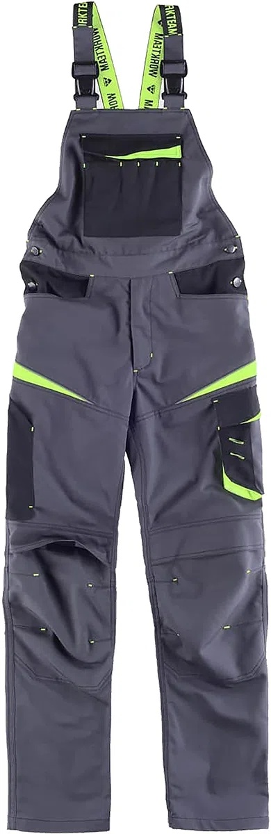 Teamwork Workteam Pantalones con Peto de Trabajo. Tejido Canvas (Extremadamente Resistente y Duradero). Tirantes con elástico y Hebillas automáticas. Unisex Gris Oscuro+Negro+Verde Lima M