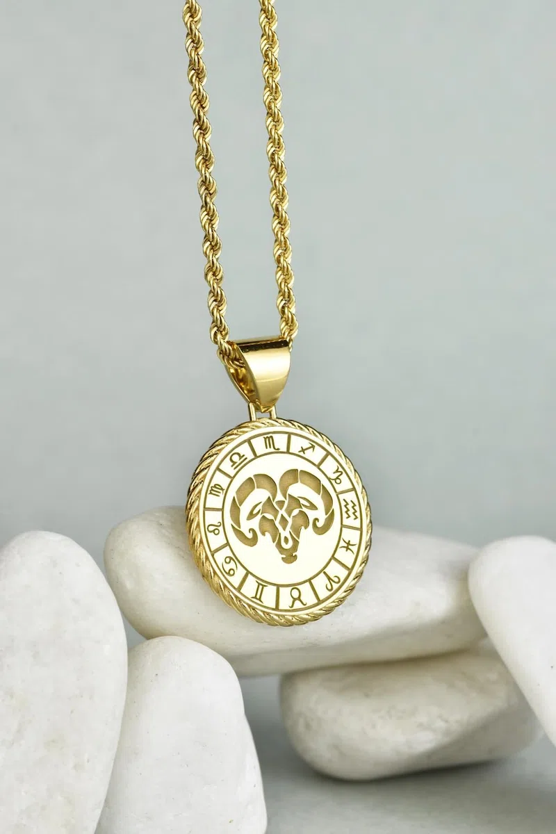 WWRPG_00198 - Collar de plata de ley 925 de 26 mm, cadena de 45,72 cm, colgante de símbolo del zodiaco del zodíaco, medalla de signo de horóscopo, cumpleaños con signo de fuego, colgante del zodiaco