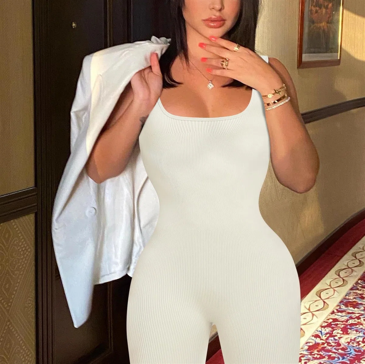 hixswnu Traje de Yoga para Mujer Mono Sexy Cuello Cuadrado Manga Larga Leggings de Longitud Completa Bodycon Stretch Ropa Deportiva,Off White,L