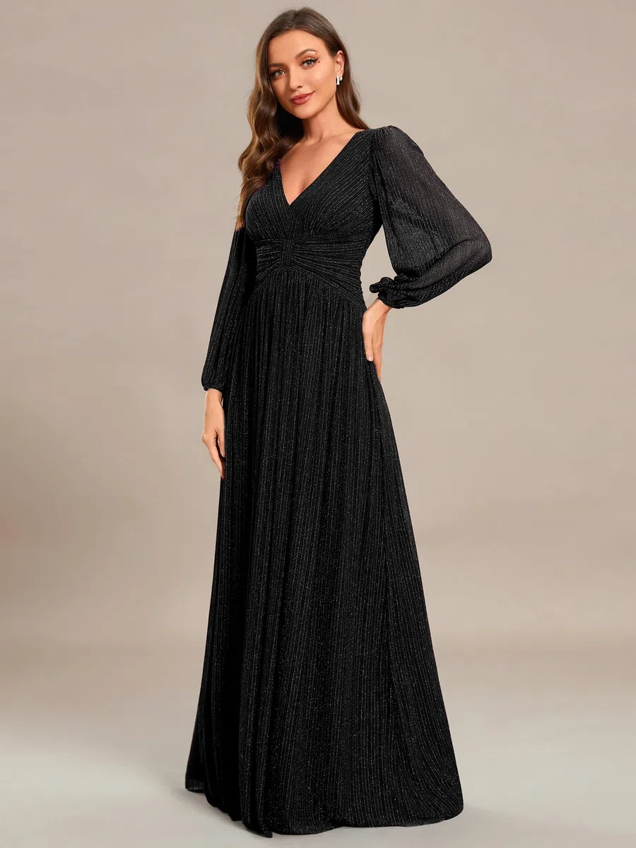Ever-Pretty Vestido formal de noche para mujer, manga larga, cuello en V, plisado, cintura imperio, longitud hasta el suelo, talla grande