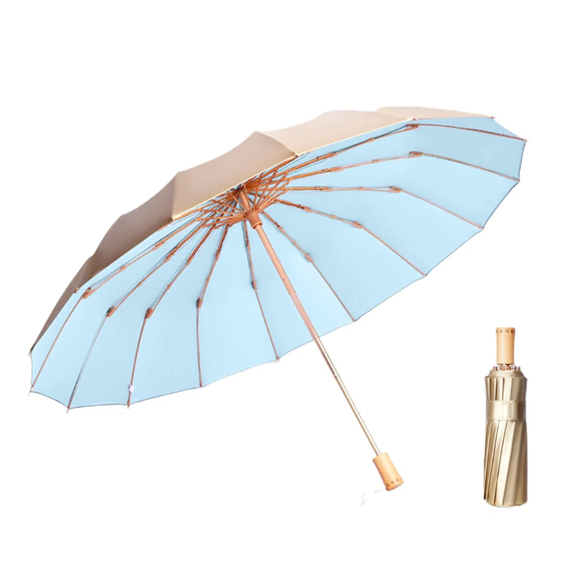 Paraguas Paraguas de Viaje a Prueba de Viento, Paraguas Plegable Impermeable Anti-UV con Pegamento Dorado Engrosado de 16 Varillas, Paraguas para Hombres y Mujeres