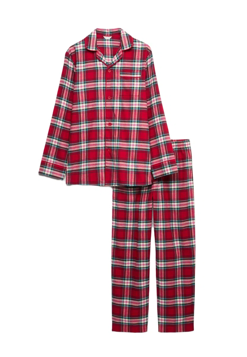 Marks & Spencer Conjunto de Pijama Navideño Familiar de Cuadros de Algodón Puro para Hombre, Ajuste Normal, Cintura con Cordón, con Bolsillos