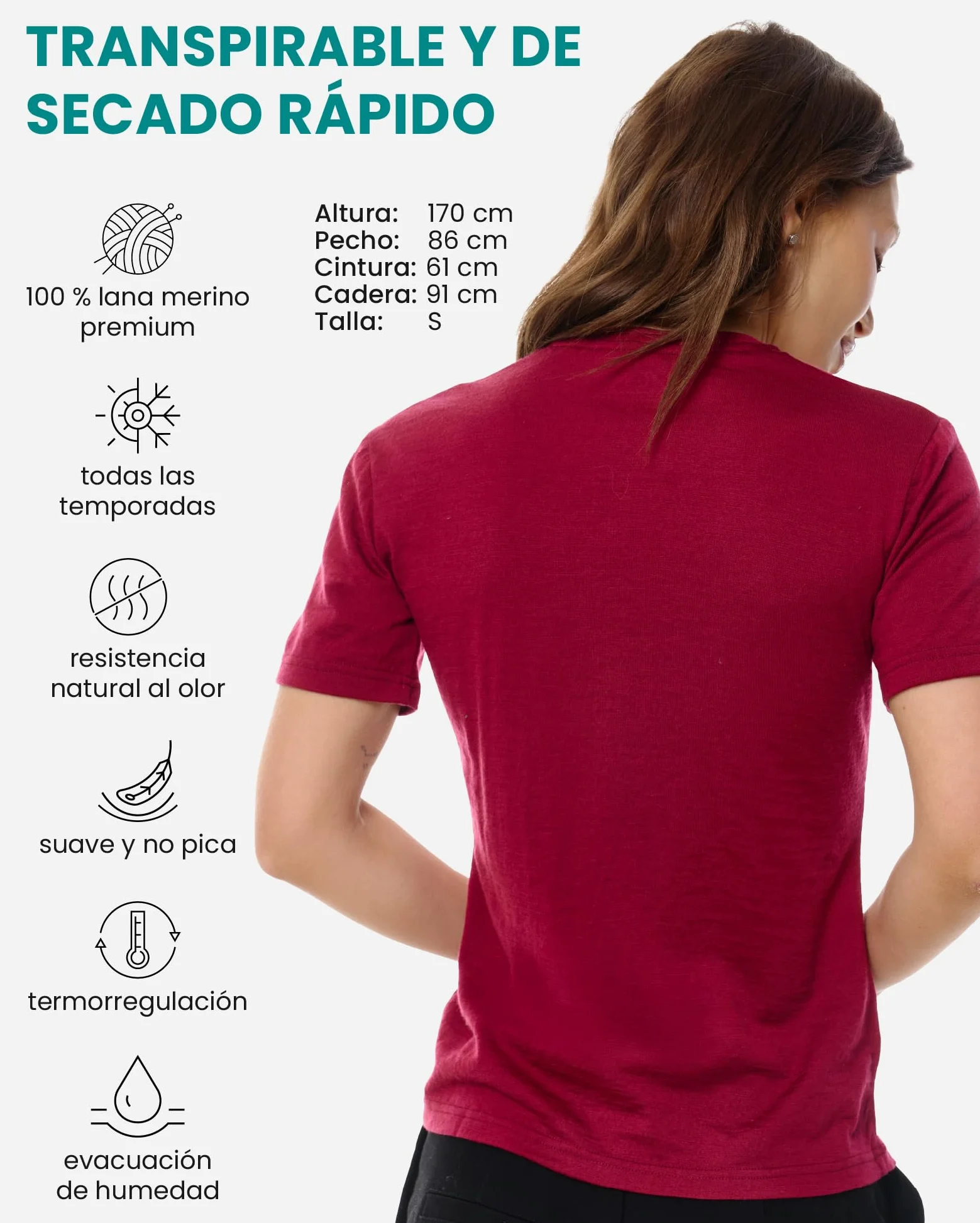 Merino.tech Camiseta Termica Lana Merino Mujer - Ropa Interior Base Layer 100% Lana Merino para Mujer (Small, Dark Red Crewneck)