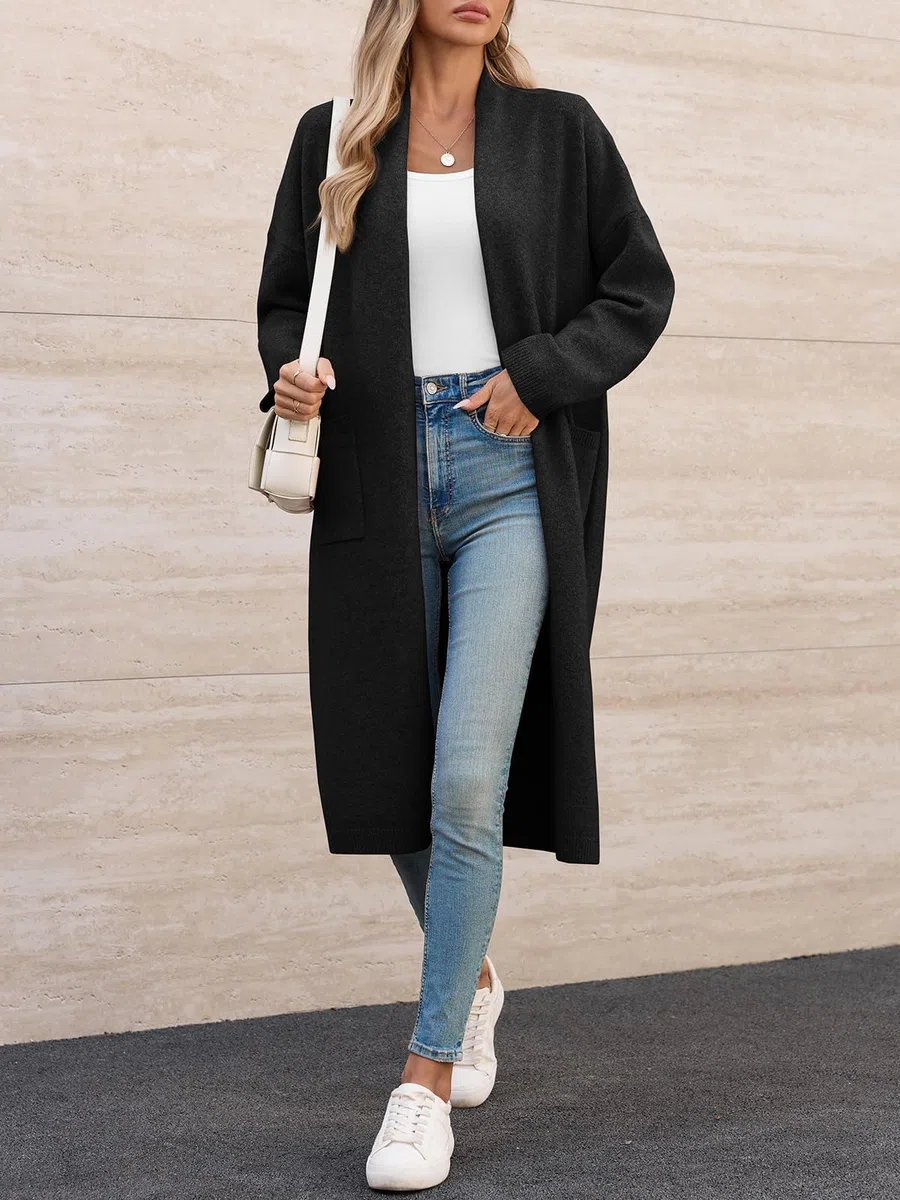 Fisoew Chaqueta de punto para mujer, cárdigan largo, de manga larga, oversized de punto, con bolsillos frontales abiertos.