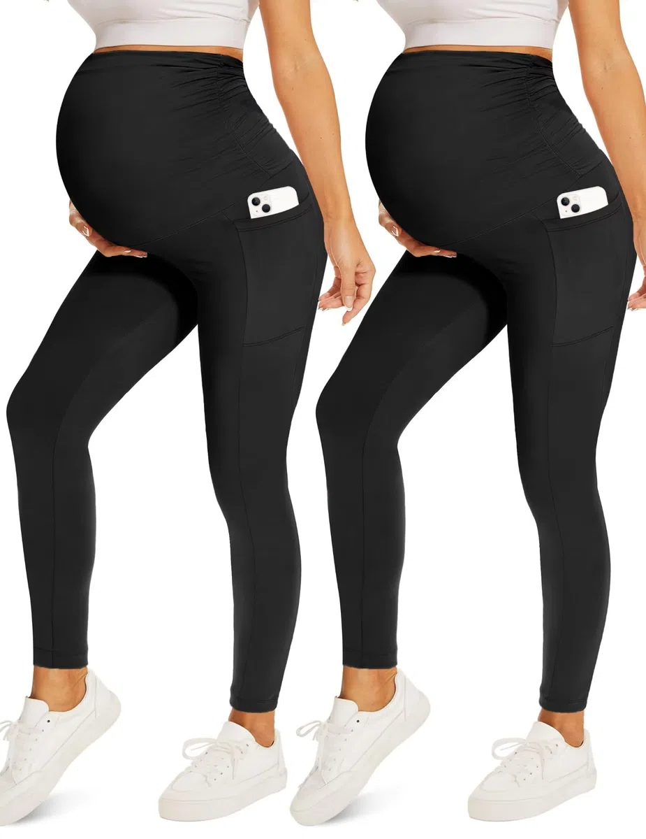 Fotociti Paquete de 2/3/4 leggings de maternidad con bolsillos sobre el vientre, para embarazo, entrenamiento, yoga, pantalones activos suaves