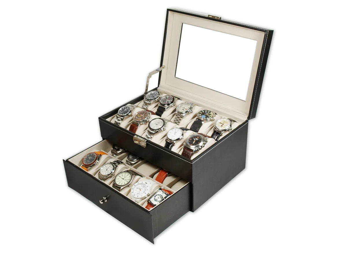 MR Maestro Relojero - Vitrina para Guardar 20 Relojes | Piel sintética e Interior Aterciopelado Beige | Ideal para Organización de Relojes, Muy Práctico, Estupendo para Regalo