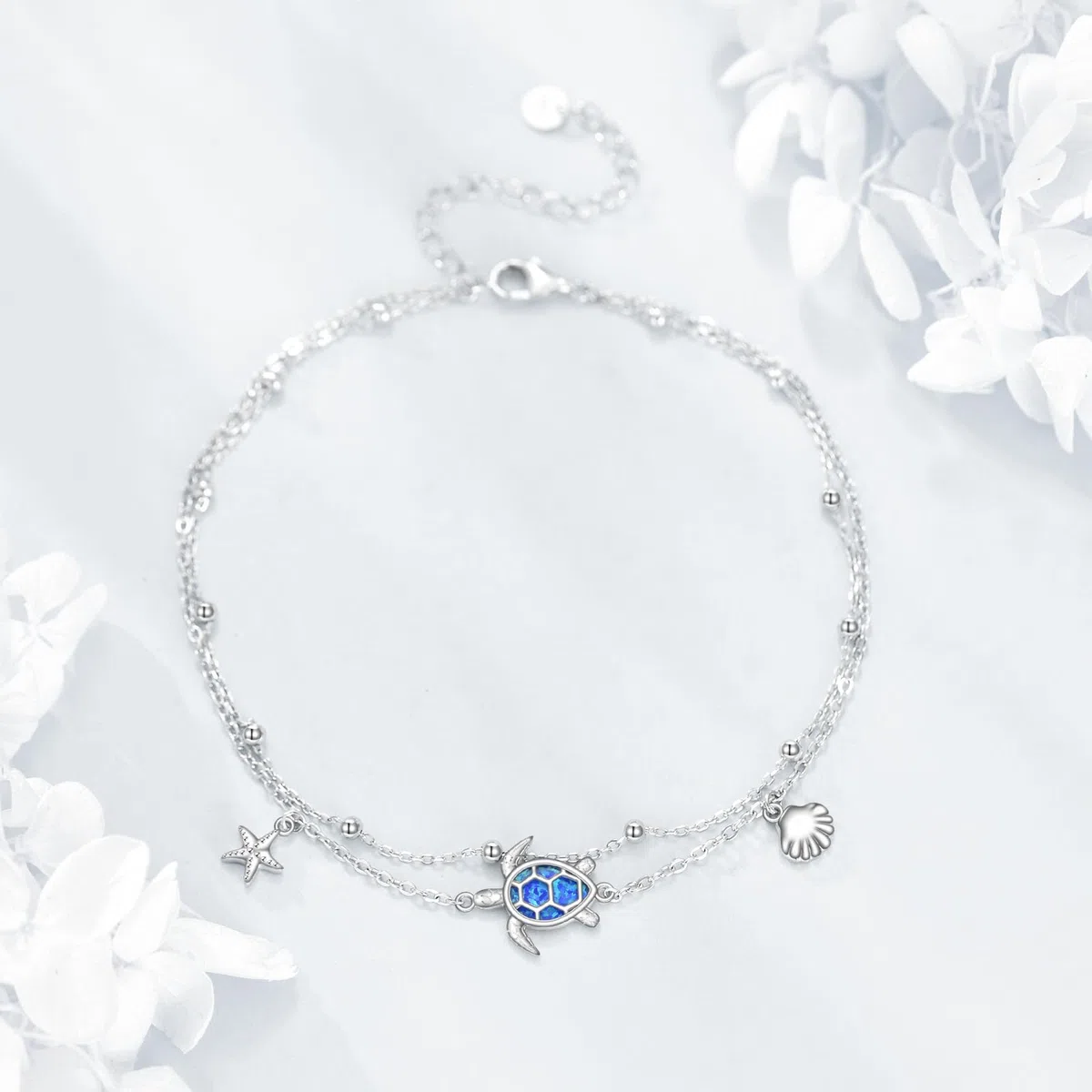 DAYLINLOVE Tobillera de tortuga de plata de ley 925 con estrella de mar, concha de mar, pulsera de tobillo ajustable para mujer, 9+2, Plata de ley, No es una piedra preciosa