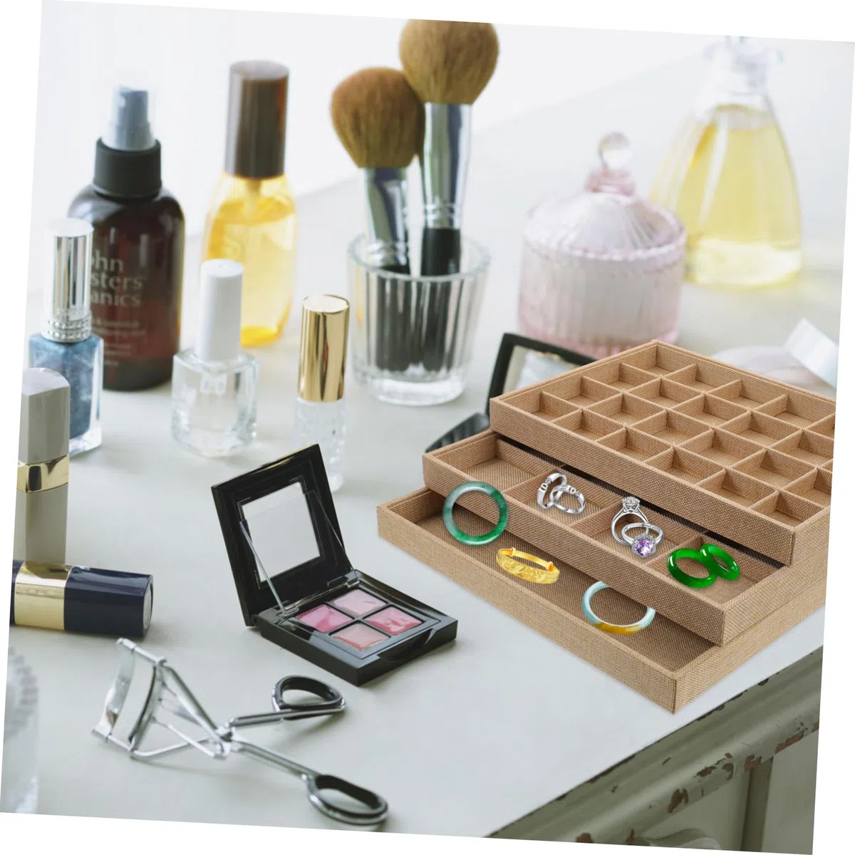 TOYANDONA 3 piezas Bandeja Organizadora de Joyas de Lino Apilable para Mujer Almacenamiento Práctico con Compartimentos para Anillos Pendientes Collares Caja Ligera y Portátil para Viaje y