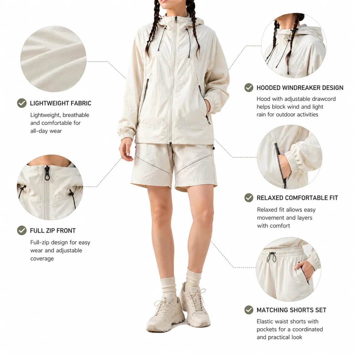 Conjunto de 2 piezas para mujer: chaqueta con capucha y pantalón. | Chaqueta ligera con protección solar UPF y cierre de cremallera completa, ideal para senderismo, caminatas
