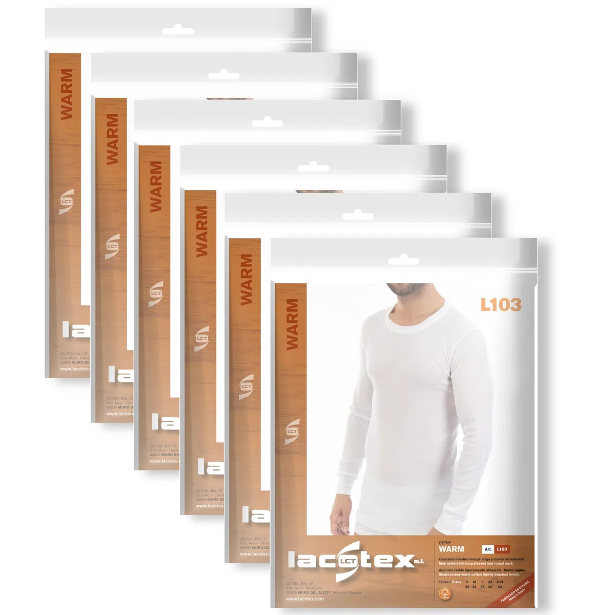 Lacotex Camiseta Interior Termal de Hombre | Camiseta Manga Larga y Cuello Redondo Térmica | Confort y Protección Térmica Interior | Pack Ahorro 6 Unidades | Talla S L103