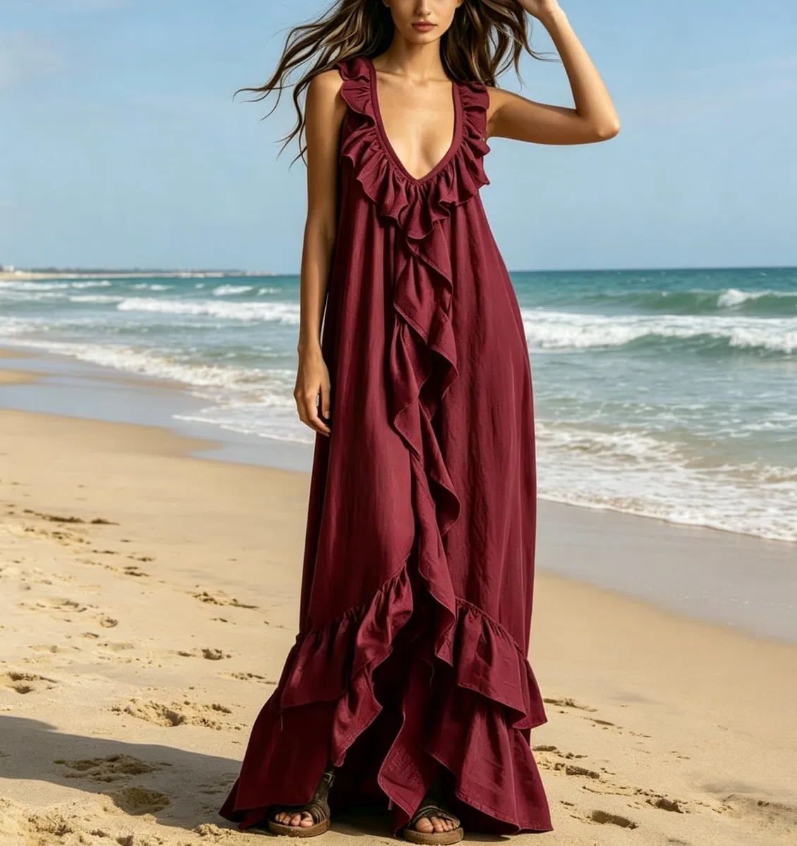 Vestido de Moda para Mujer: Escote en V, con Volantes y sin Mangas; Estilo Bohemio Casual y Vintage