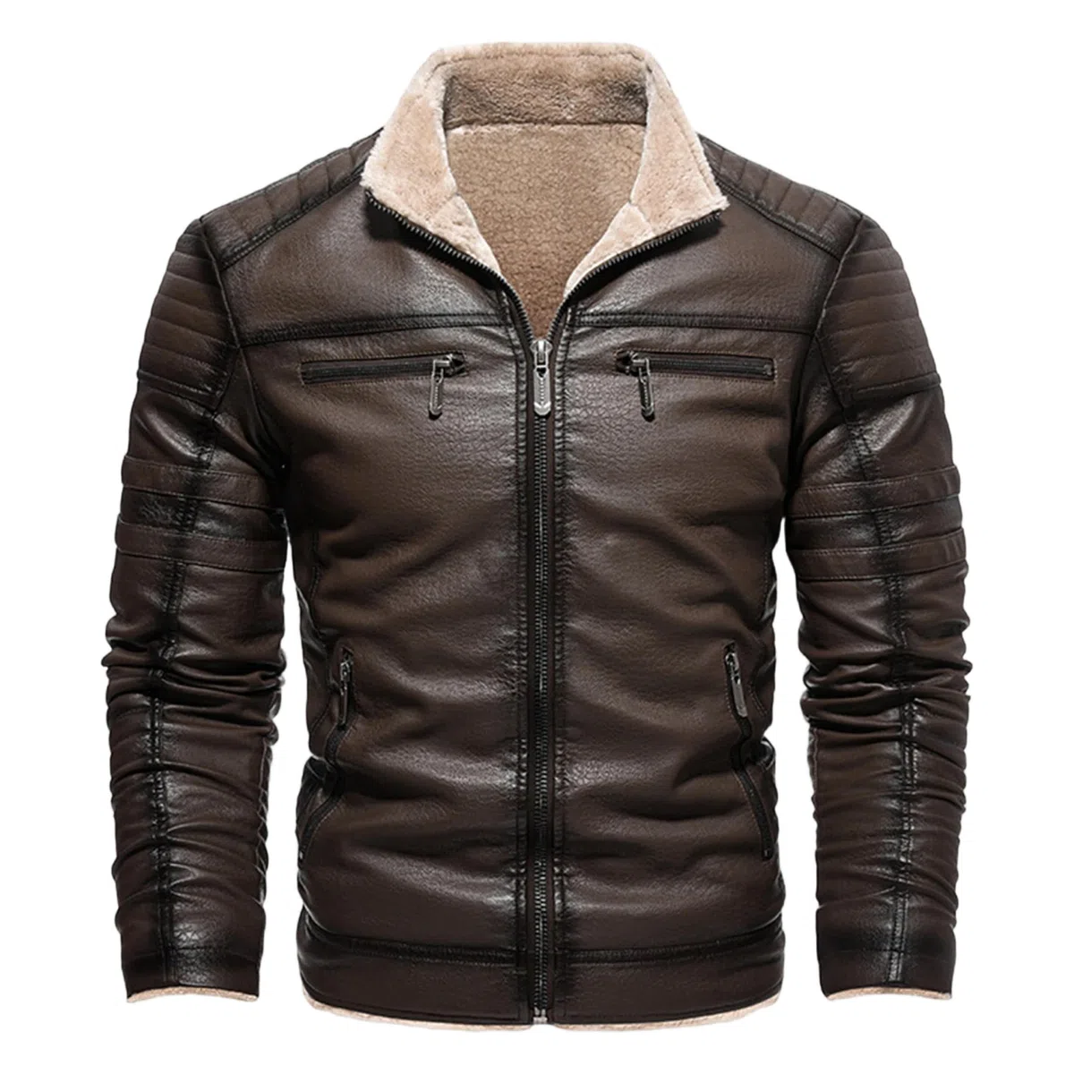 Chaqueta de motociclista de piel sintética para hombre, con cuello alto y forro polar, informal y cálida.