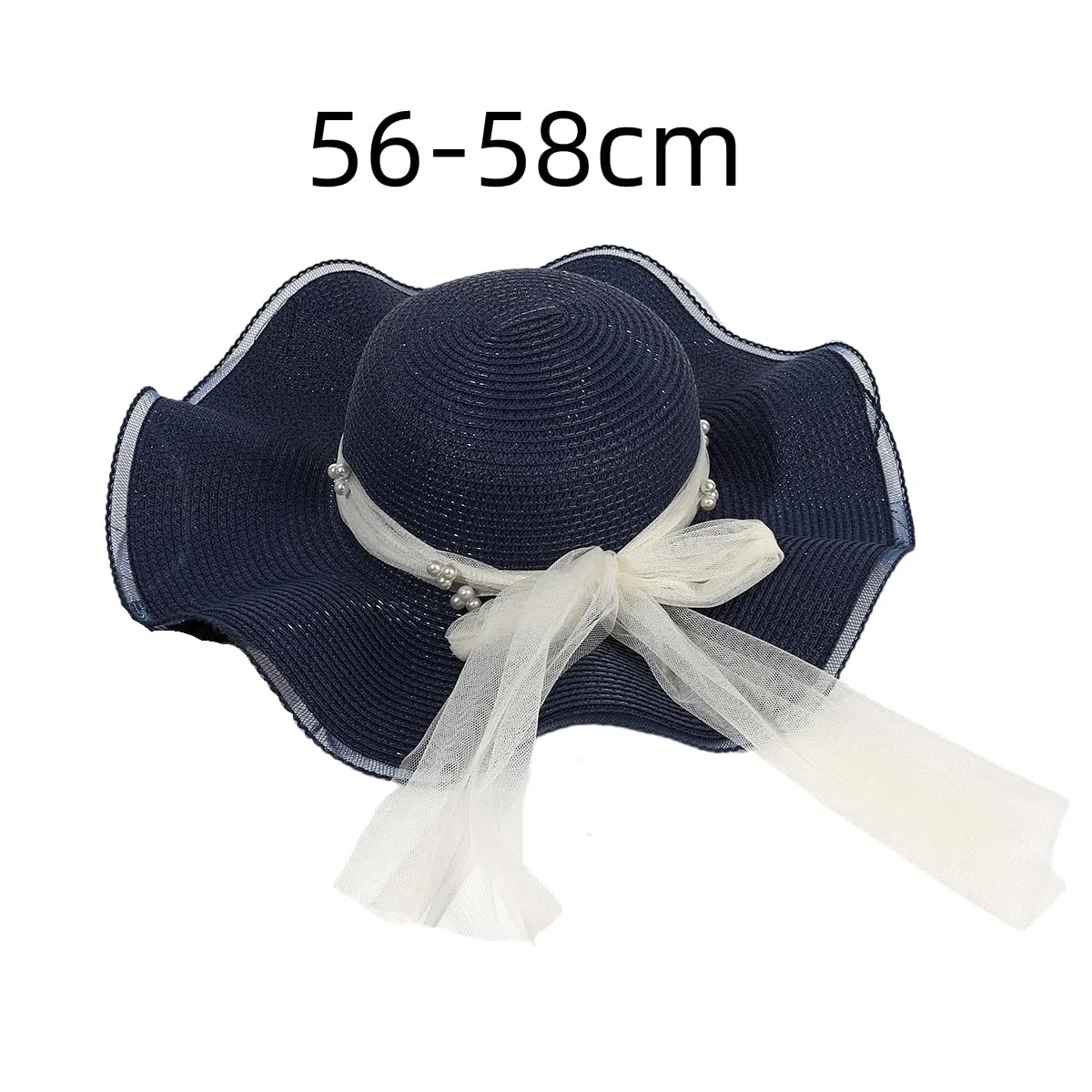 Sombrero de Paja Transpirable de ala Ancha con Volantes,Sombrero de Verano para Mujer con Protección UV,Tejido de Paja y Lazo de Tul Perlado,Sombrero de Playa para Vacaciones,Viajes y Actividades Al