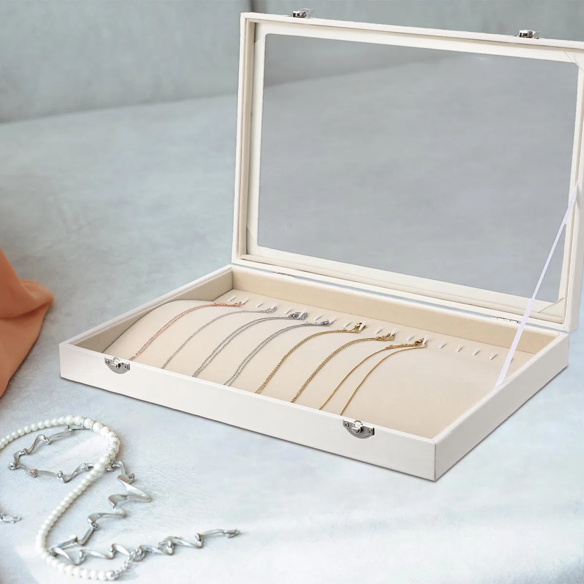 Operitacx Estuche para Collar Organizador de Collares de Madera Blanco | Cierre Bloqueable, Tapa Transparente y Ganchos Pequeños, Gran Capacidad para Armario y Closet