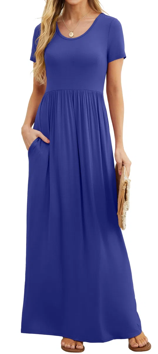 GRECERELLE Womens Summer Maxi Dress Boho Floral Cocktail Midi Polka Dot Wrap Dresses V Neck Casual Party Bohemian Flowy Long Dress for Ladies | Vestido largo casual de manga corta con cuello en V y bolsillo