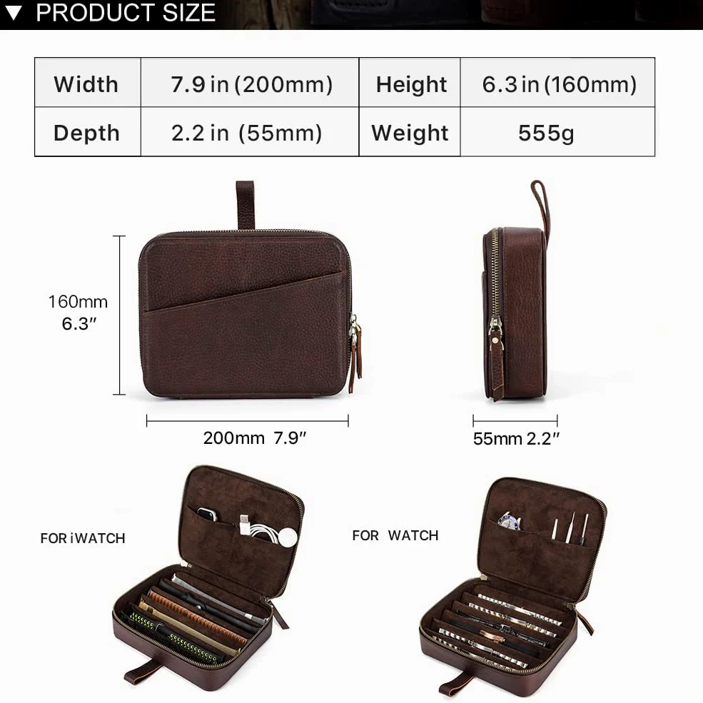 Hiram Organizador de cuero para correas de reloj con asa, caja de almacenamiento portátil para Apple Watch y correas mecánicas