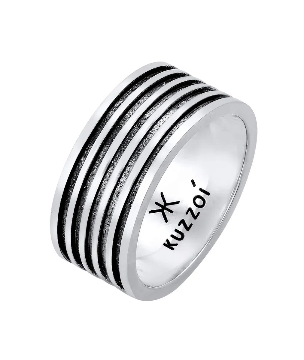 Kuzzoi Anillo para hombre oxidado macizo (10 mm) en plata de ley 925, accesorio de joyería vintage para hombre con estructura acanalada, anillo distintivo para hombres de tamaño 60 – 66, 0601762921