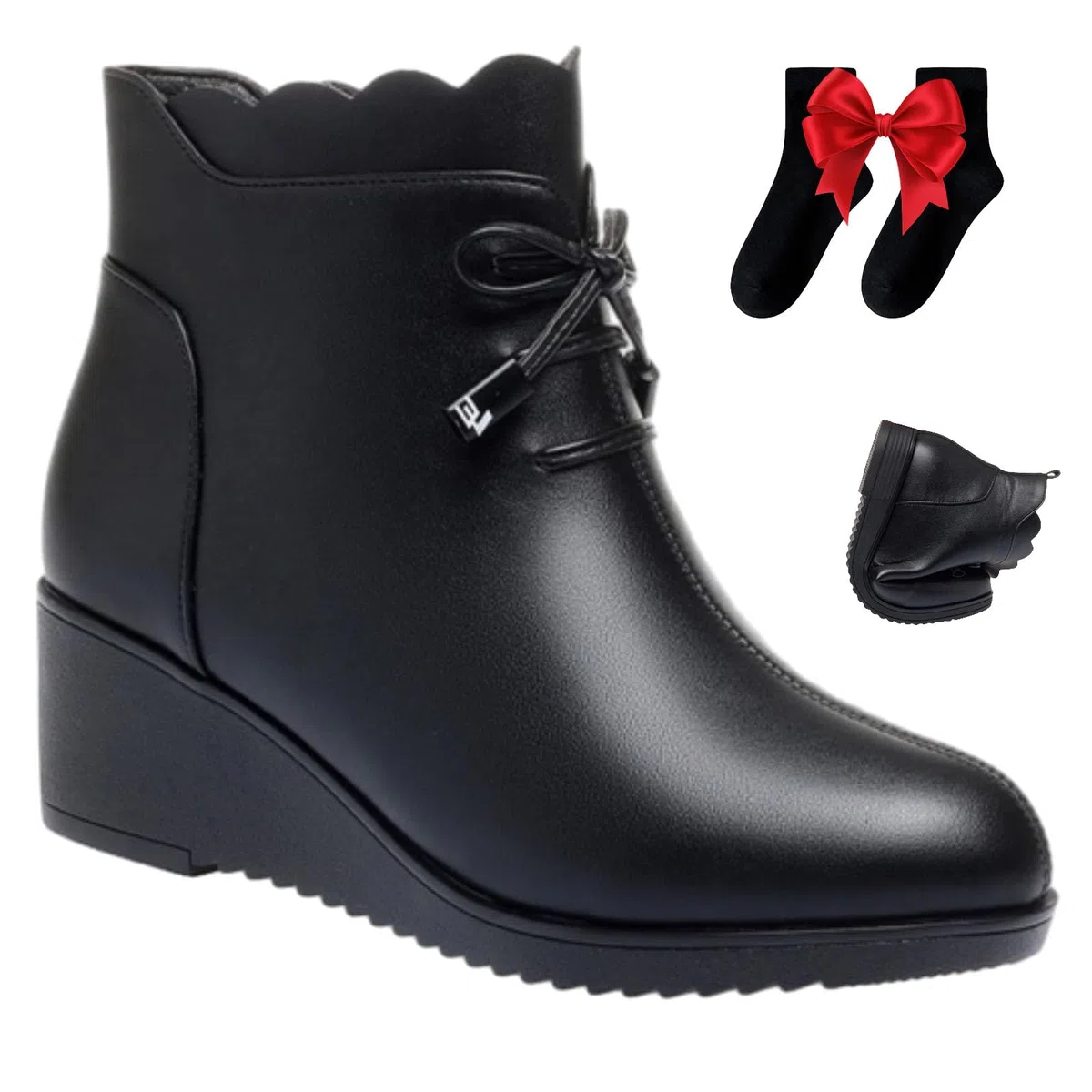 Botines ortopédicos de piel auténtica con cordones para mujer, con plataforma de cuña, botas de invierno cálidas con cremallera lateral y forro de piel