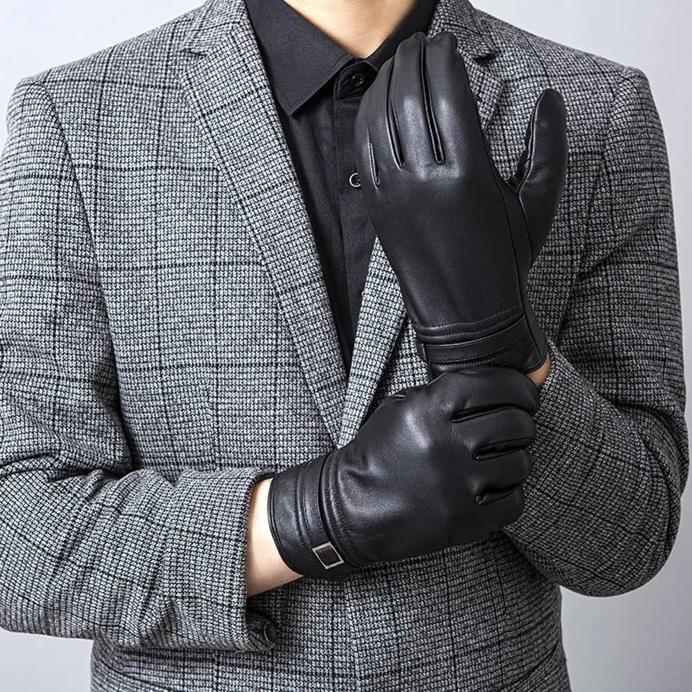 Gorro térmico Guantes de Cuero for Hombre Pantalla táctil Forro Polar Piel Oveja Negro ML XL