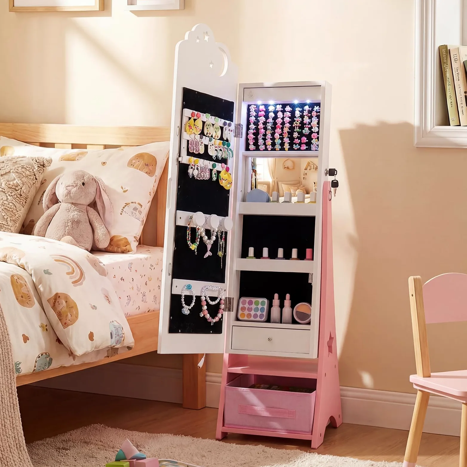 FANTASK Armario para joyas para niños, armario con espejo con iluminación LED y espejo de cuerpo entero, organizador de joyas inclinable con espejo interior y cajones, para habitación de los niños