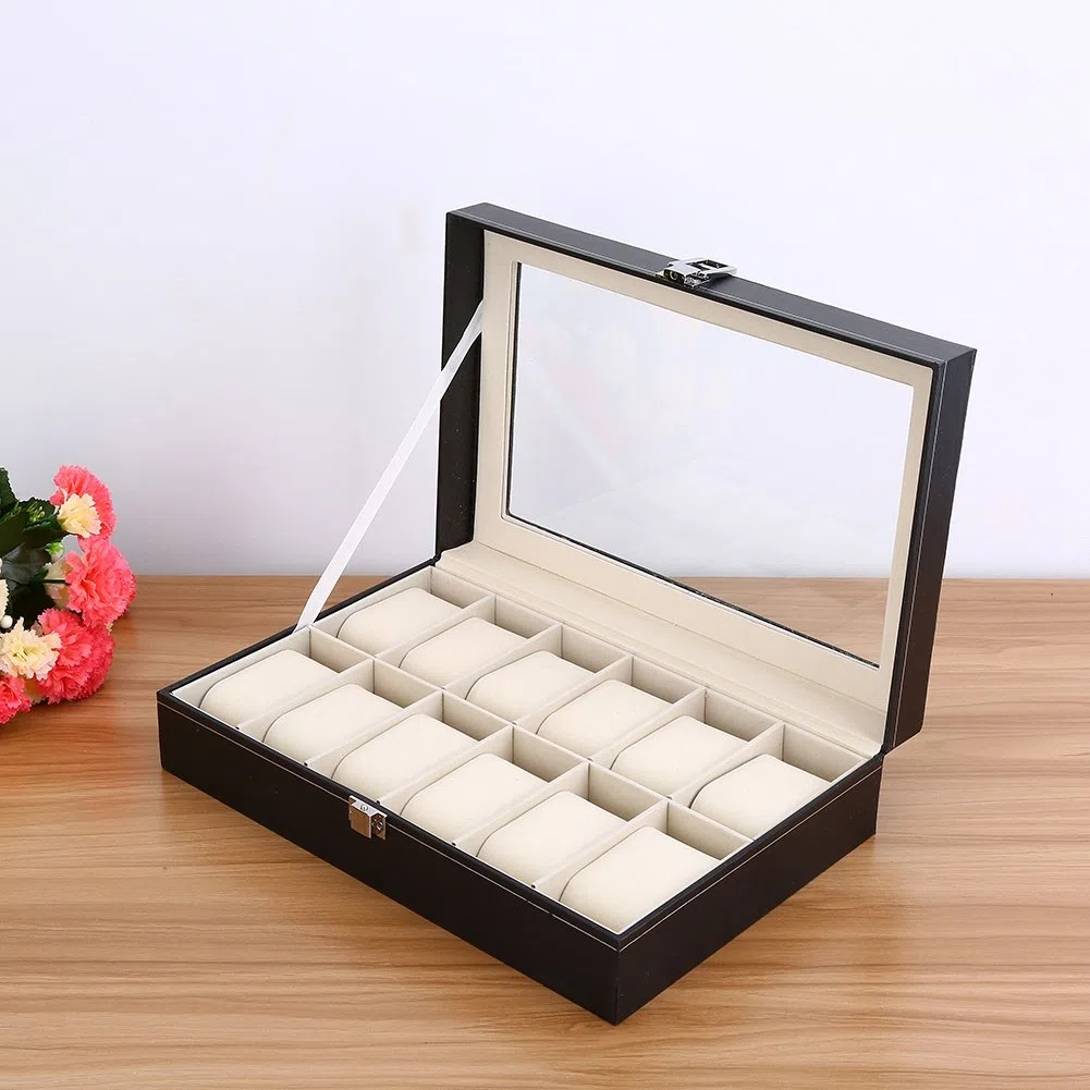 Caja de reloj de 12 ranuras con tapa de vidrio grande y almohadas de reloj extraíbles, organizador de relojes para hombres y mujeres