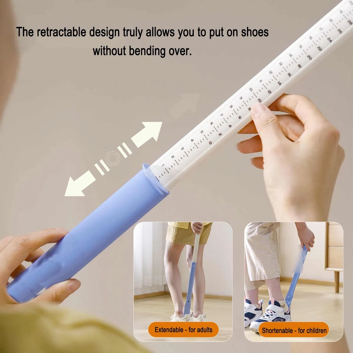 Calzador Extensible, de plástico, con Orificio para Colgar y Escala de medición de Doble tamaño, Apto para Todo Tipo de Personas.