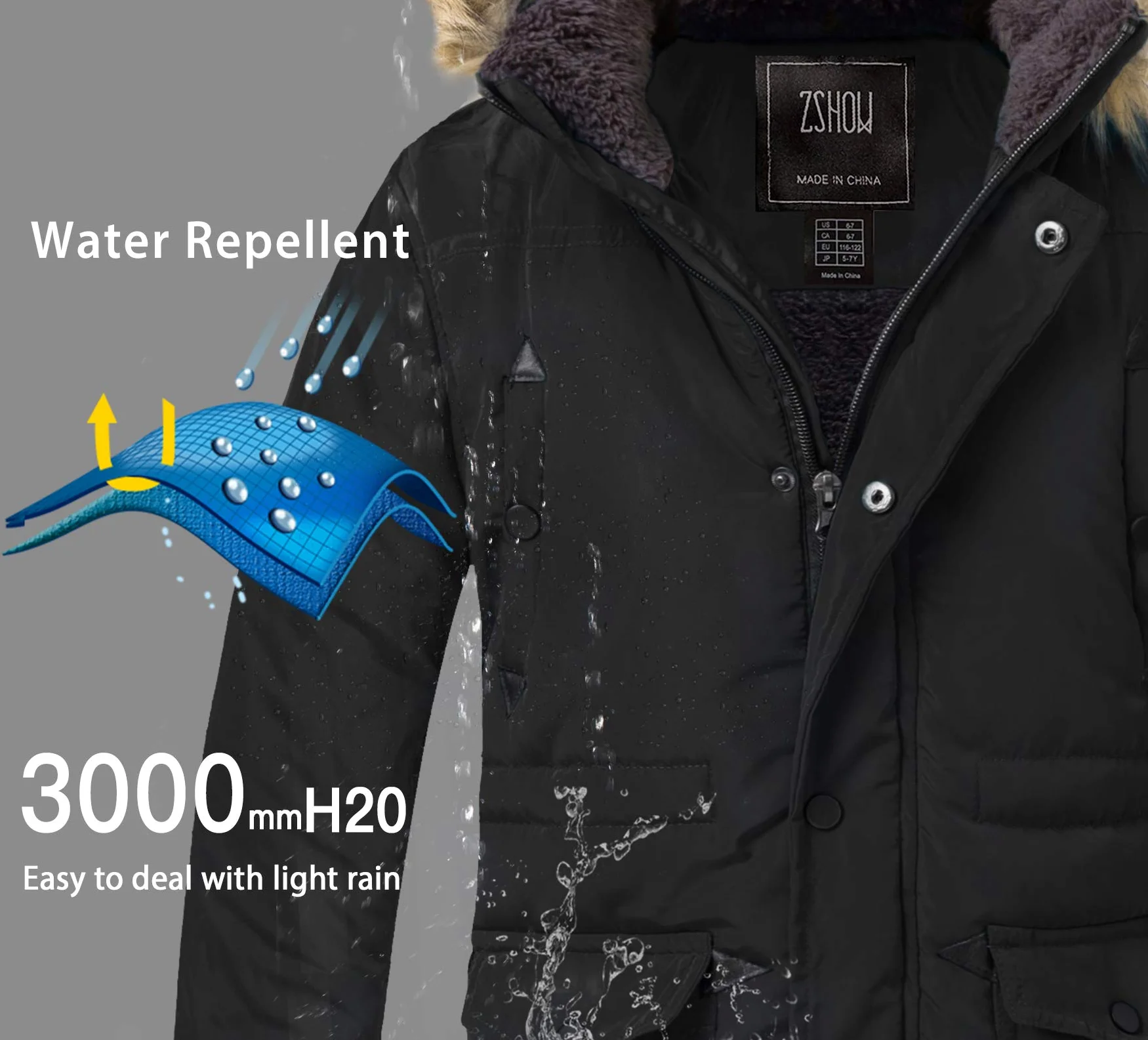 ZSHOW Abrigo Largo de Invierno Chaqueta Gruesa de Algodón Abrigada Forro de Lana al Aire Libre Resistente al Agua Parka con Capucha con Piel Sintética a Prueba de Viento para Niños