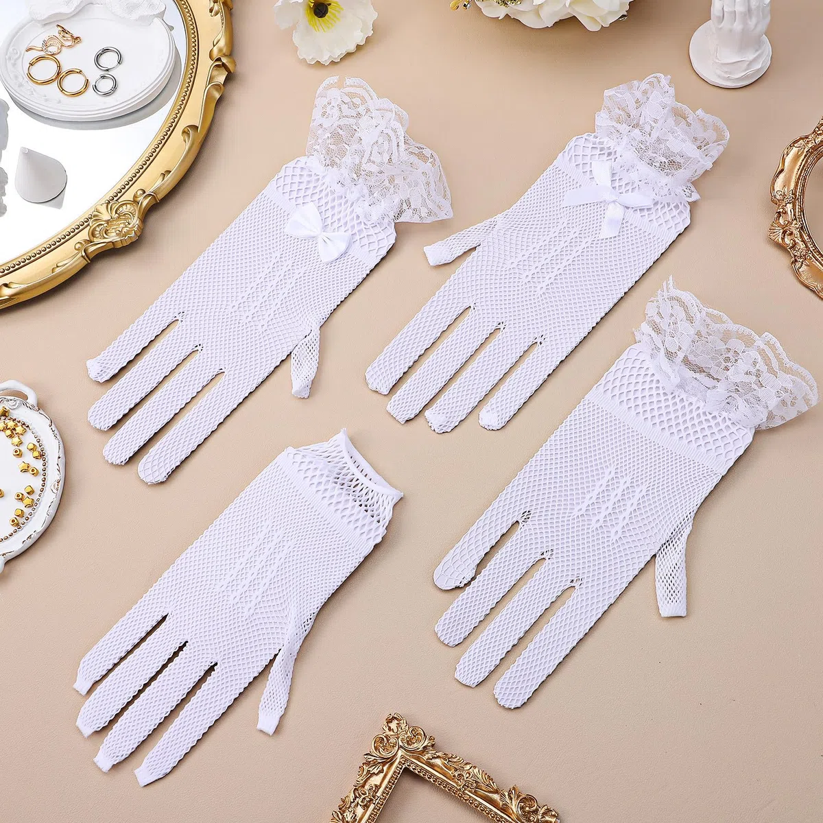 TEHAUX Guantes de Novia de Malla 12 Pares Blanco Poliéster para Boda | Transpirables y Cómodos, Pedrería y Lazos, para Banquete y Fiesta de Té, Uso Repetido