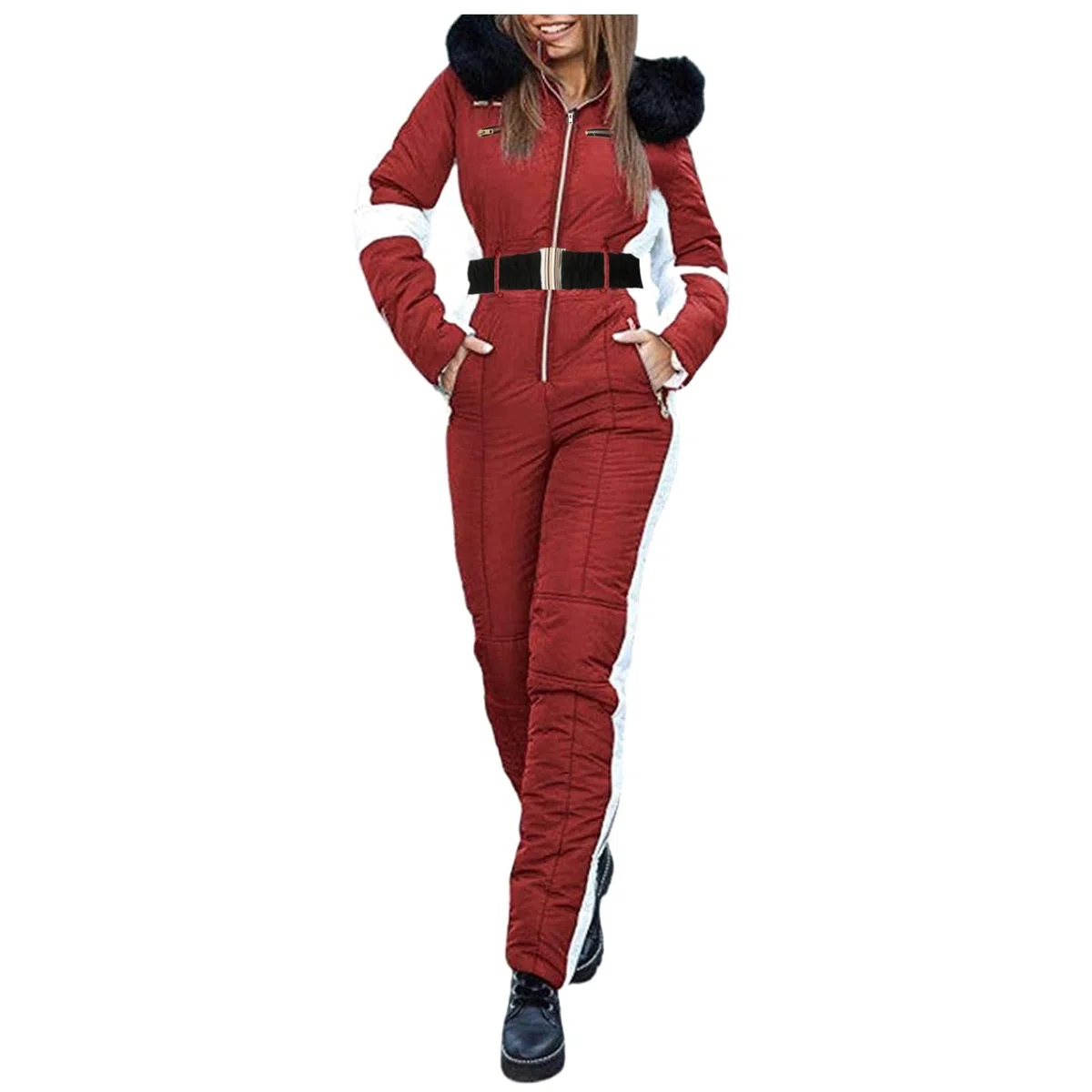 Traje de nieve para mujer de invierno – Traje de esquí mono de esquí de una sola pieza para esquiar conjuntos de esquí al aire libre mono de nieve con capucha cremallera resistente al viento