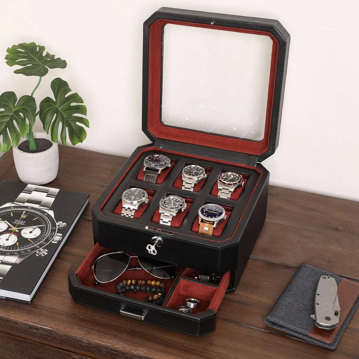 ROTHWELL Caja de reloj de cuero de 6 ranuras con cajón de servicio, organizador de exhibición de caja de reloj de lujo, soporte para cajas de almacenamiento para hombres(negro/rojo)
