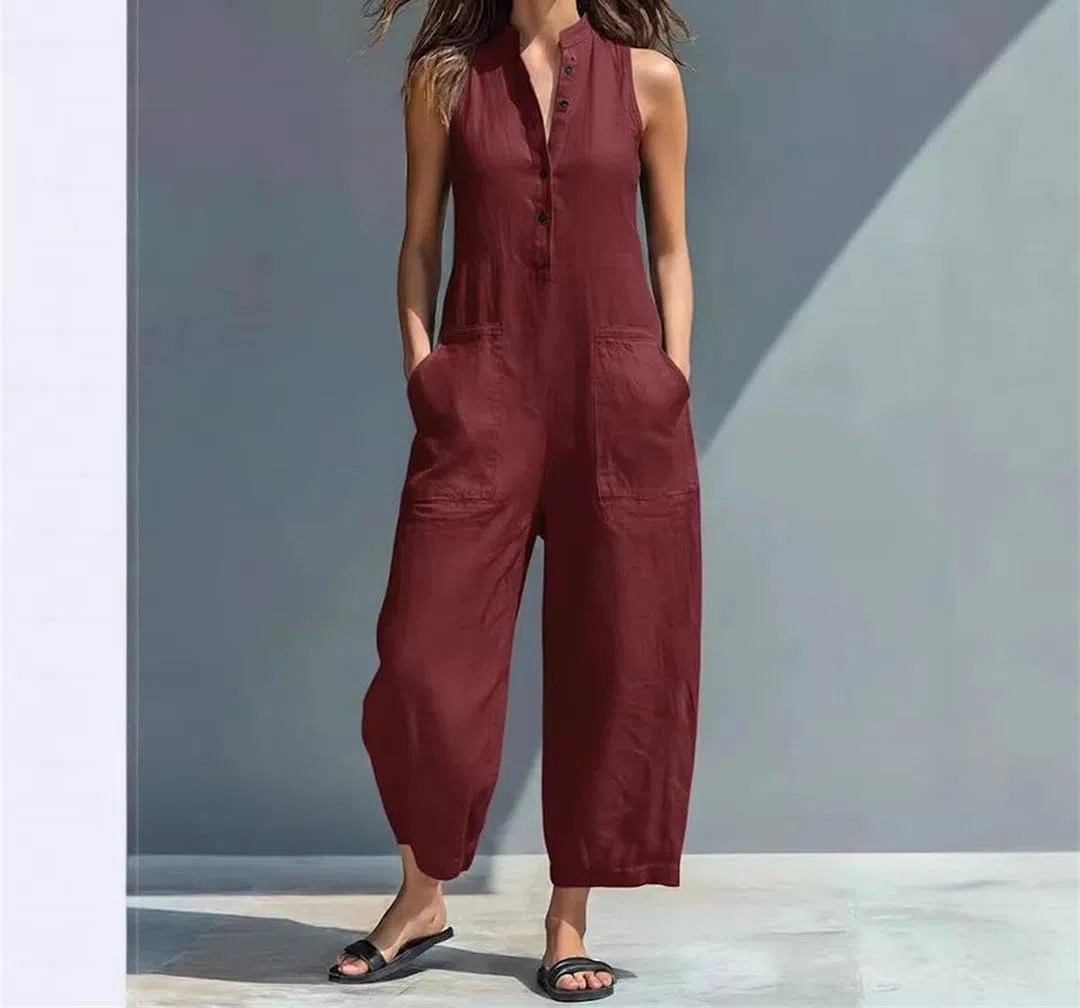 Yeuyyben Mono de una pieza sin mangas con cuello alto y pierna ancha para mujer, cintura alta, bolsillo, oficina, casual, elegante
