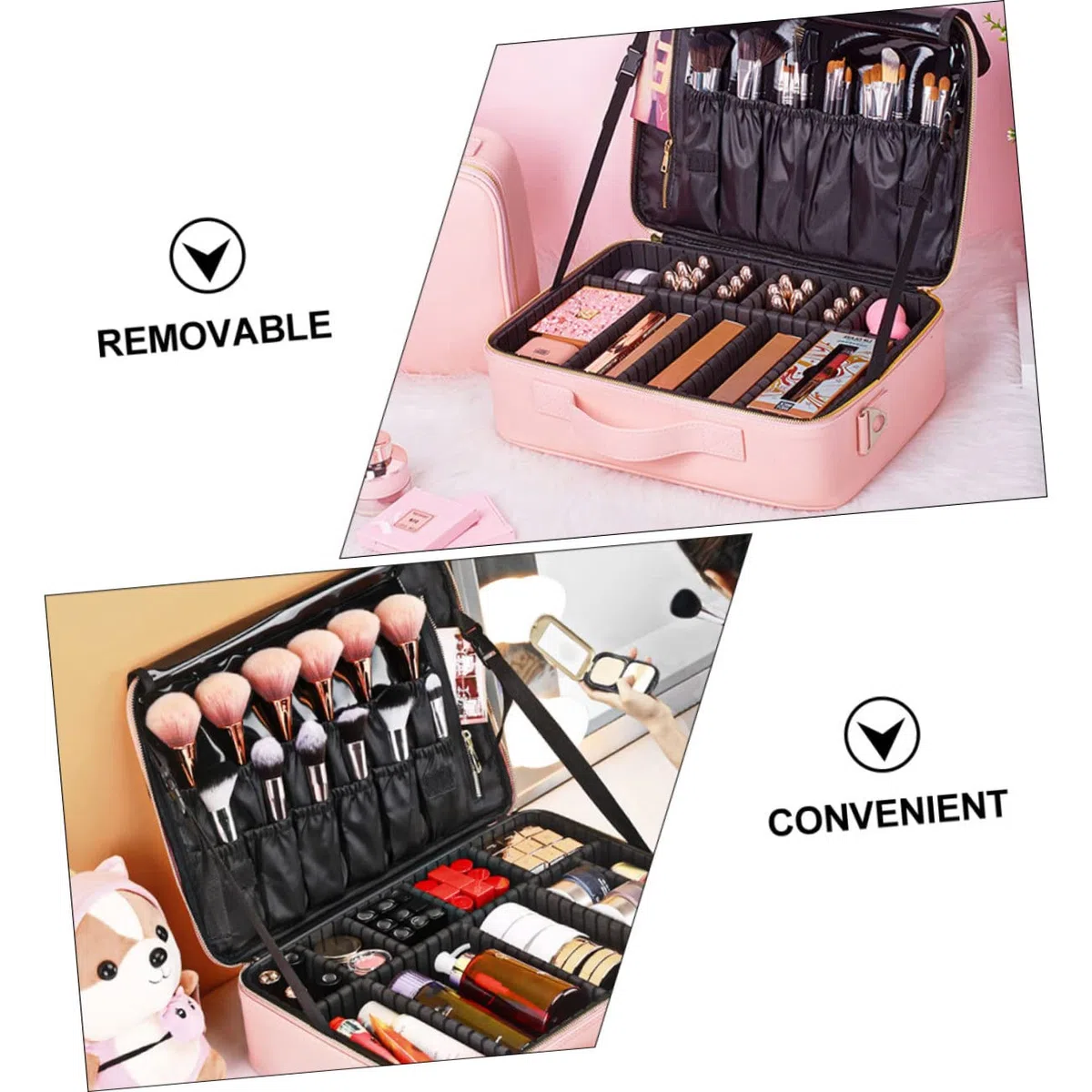 Baluue Neceser de Maquillaje Grande de PU Cuero Rosa con Compartimentos Ajustables y Divisores Removibles para Viaje y Trabajo Fácil de Usar