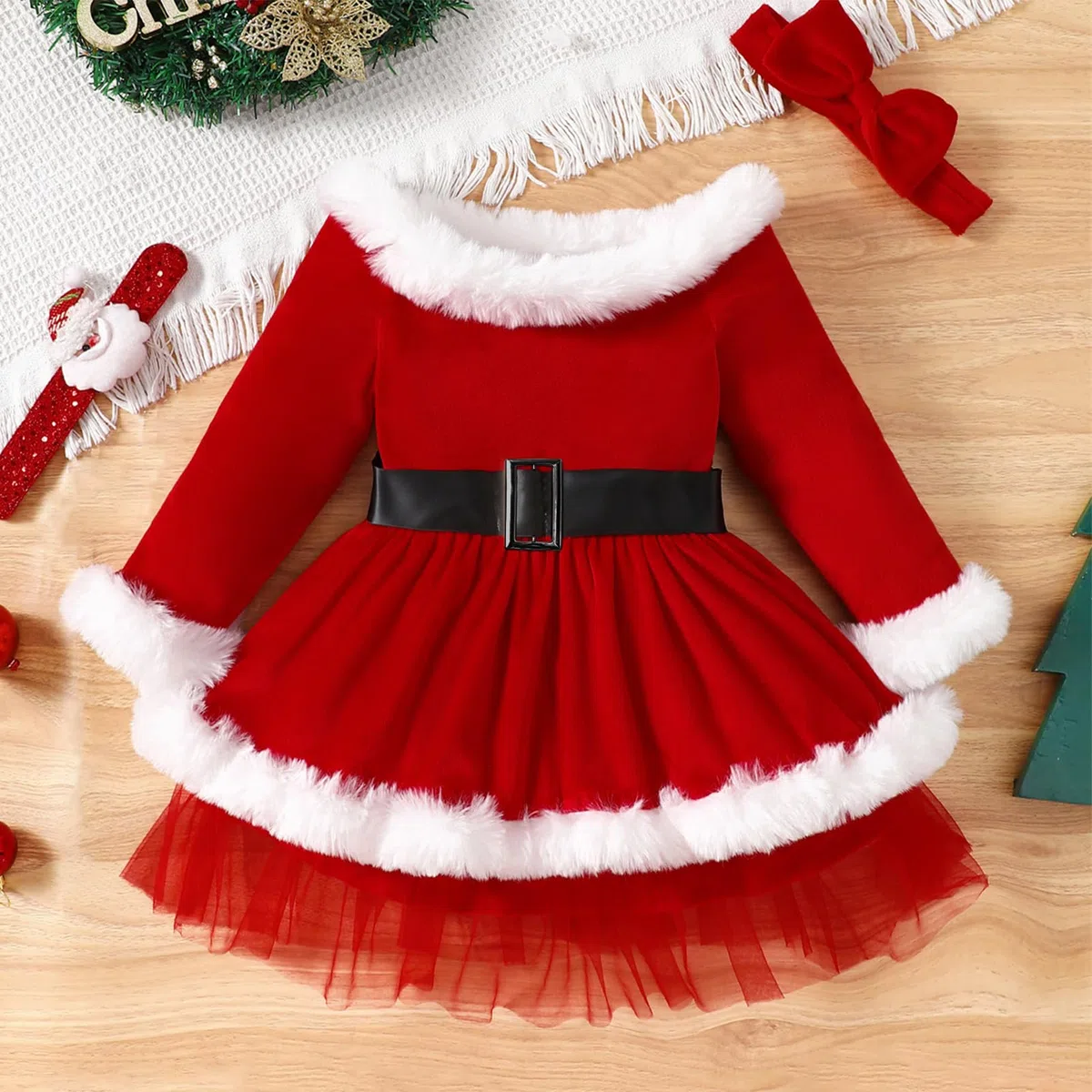 Odizli Vestido de Navidad para niña, niño, bebé, otoño, invierno, manga larga, vestido de terciopelo de Papá Noel, con cinta para la cabeza, traje de Navidad