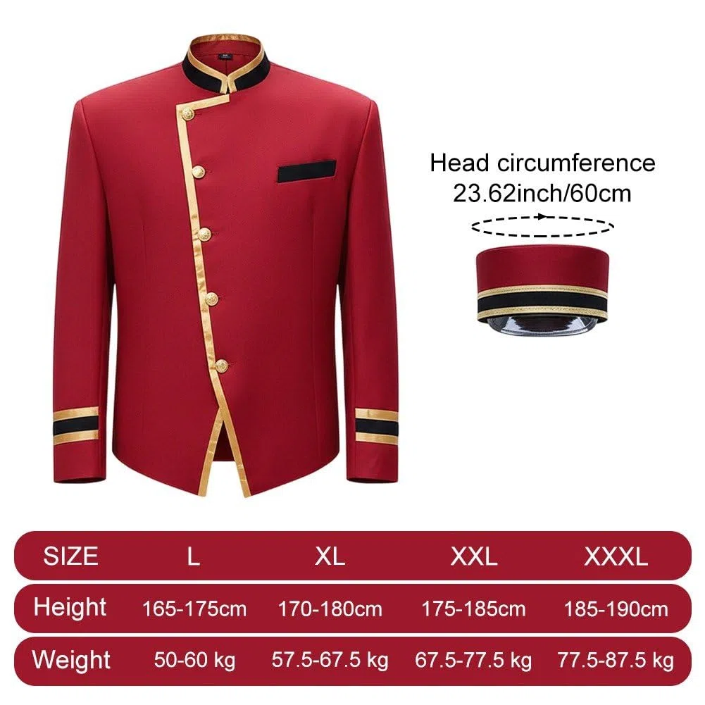 1 Conjunto De Uniforme De Recepción De Hotel con Sombrero, Uniforme Profesional De Hotel Rojo, Uniforme De Servicio De Manga Larga, Ropa De Camarero De Recepcionista De Hotel