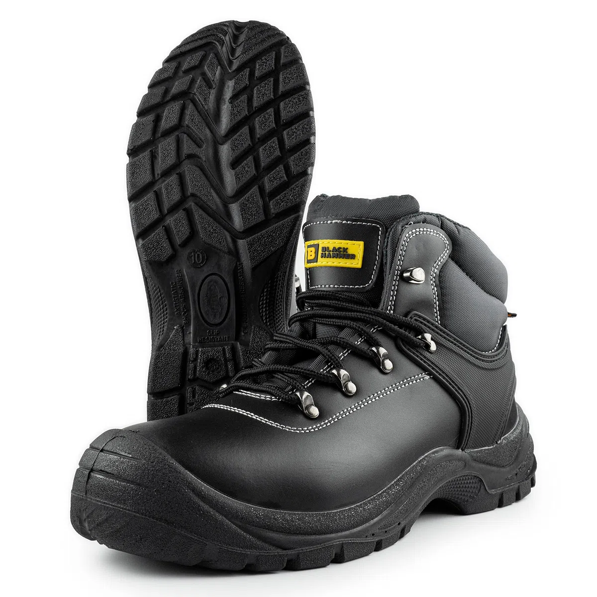 BLACK HAMMER Botas de seguridad con puntera de acero hombre Calzado de trabajo de cuero resistente y ligero S3 SRC 1700 Negro (43 EU)