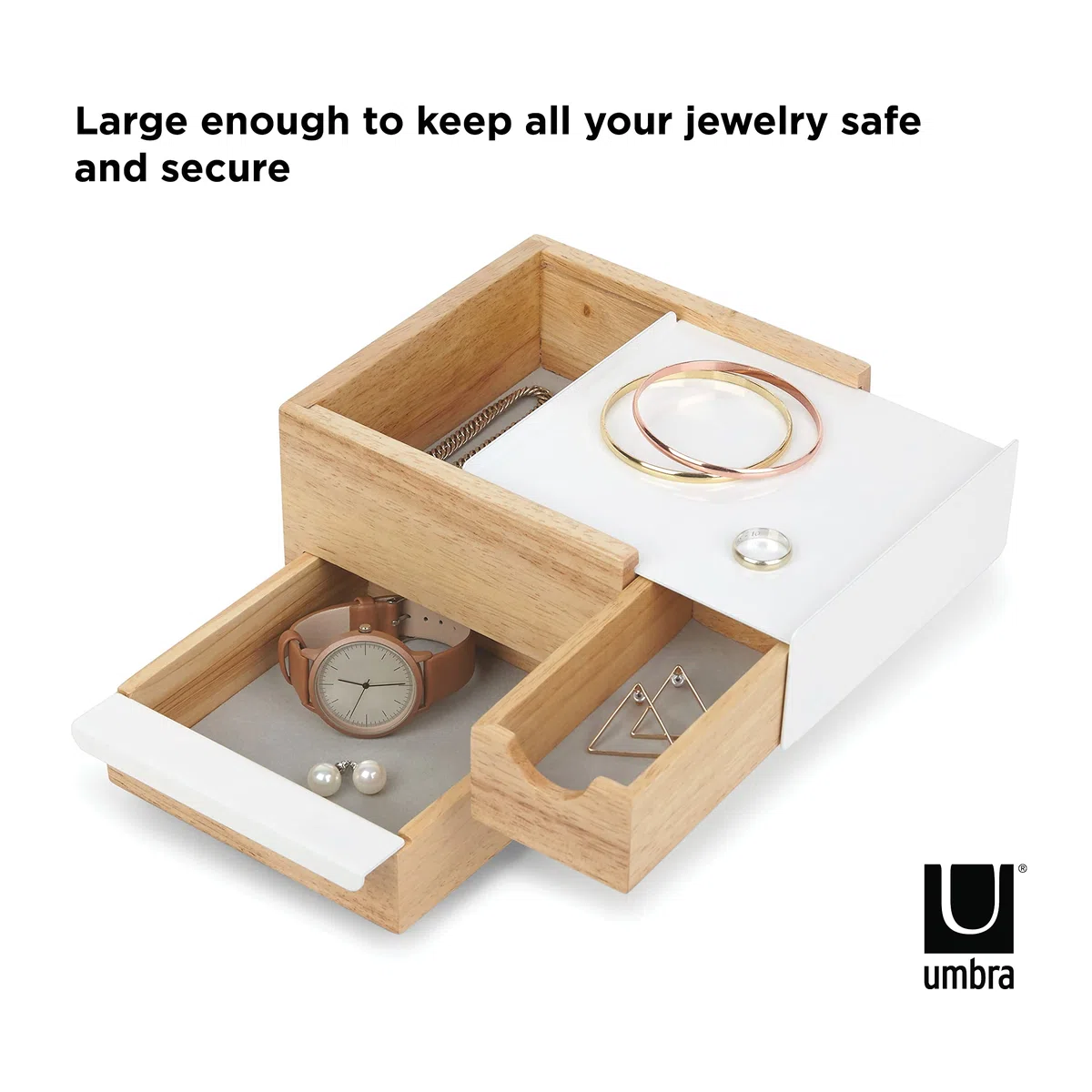 Umbra Mini Stowit Caja de joyas - Moderno organizador de joyas con cajones de compartimento oculto para anillo, pulsera, reloj, collar, pendientes y accesorios, Blanco/Natural