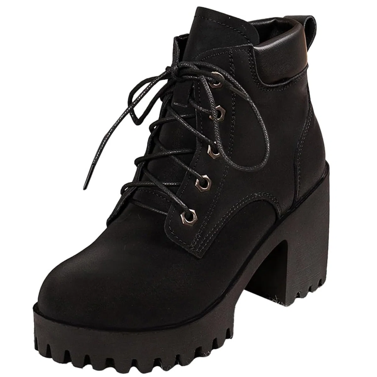 Botas de tacón grueso con cordones para mujer, plataforma de moda de tacón alto, botas informales, punta redonda, invierno, aspecto de piel, botas cortas