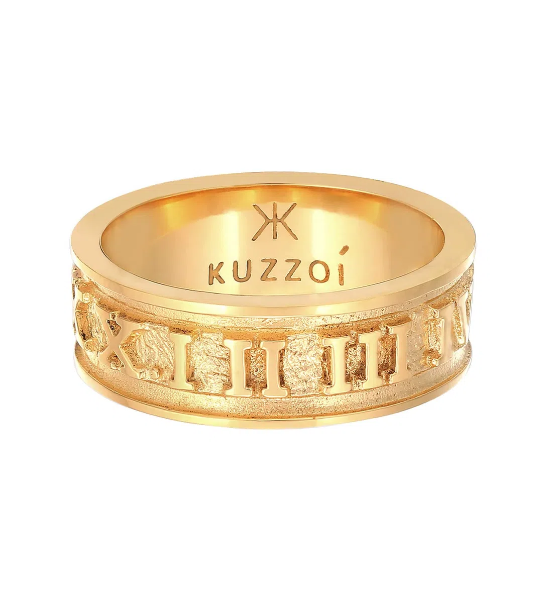 Kuzzoi Anillo para hombre dorado macizo (8 mm) en plata de ley 925 chapada en oro, accesorio de joyería con números romanos, anillo para hombres de talla 60 – 66, 0604211422