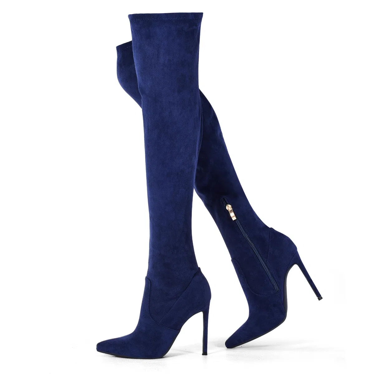 GENSHUO Botas altas hasta el muslo para mujer con tacón de 11 cm de alto, piel de ante sintética, punta sexy, botas largas con tacón de aguja