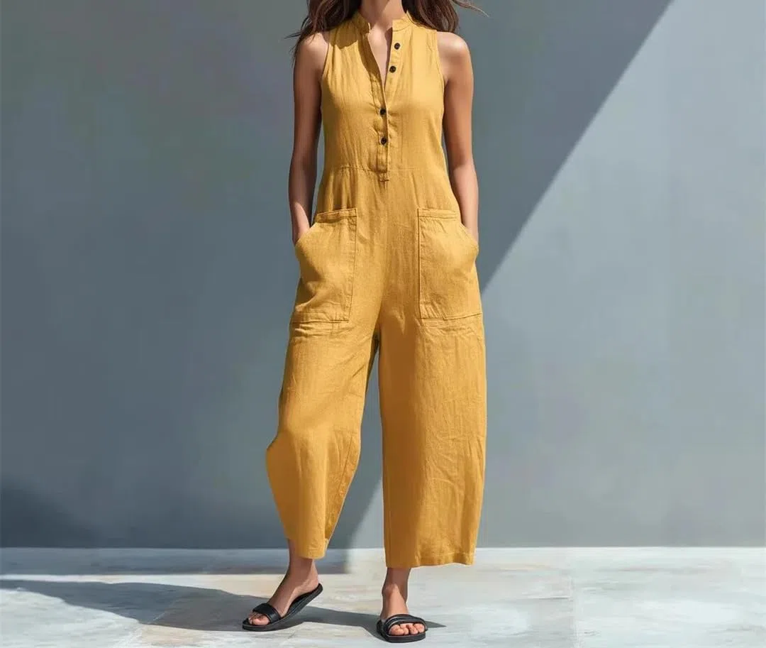 Yeuyyben Mono de una pieza sin mangas con cuello alto y pierna ancha para mujer, cintura alta, bolsillo, oficina, casual, elegante