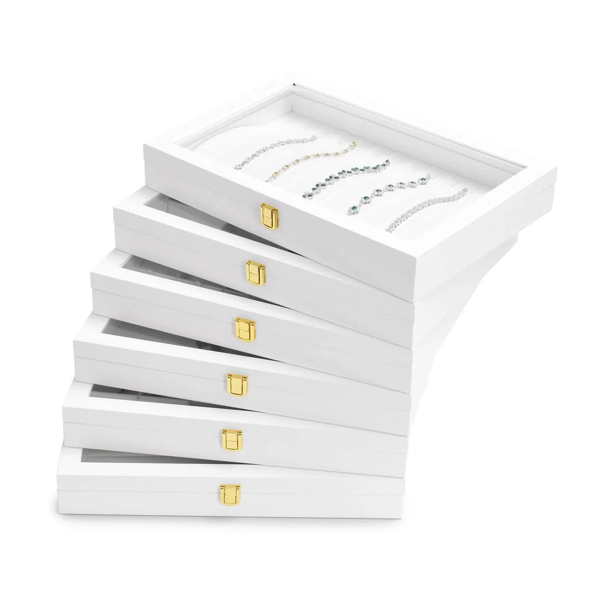 Bandeja Para Collares con 24 Compartimentos Caja de Almacenamiento de Cuero con Tapa Transparente Joyero con Cerradura para Varios Collares y Colgantes Adecuado para Mujeres y Niñas Blanco